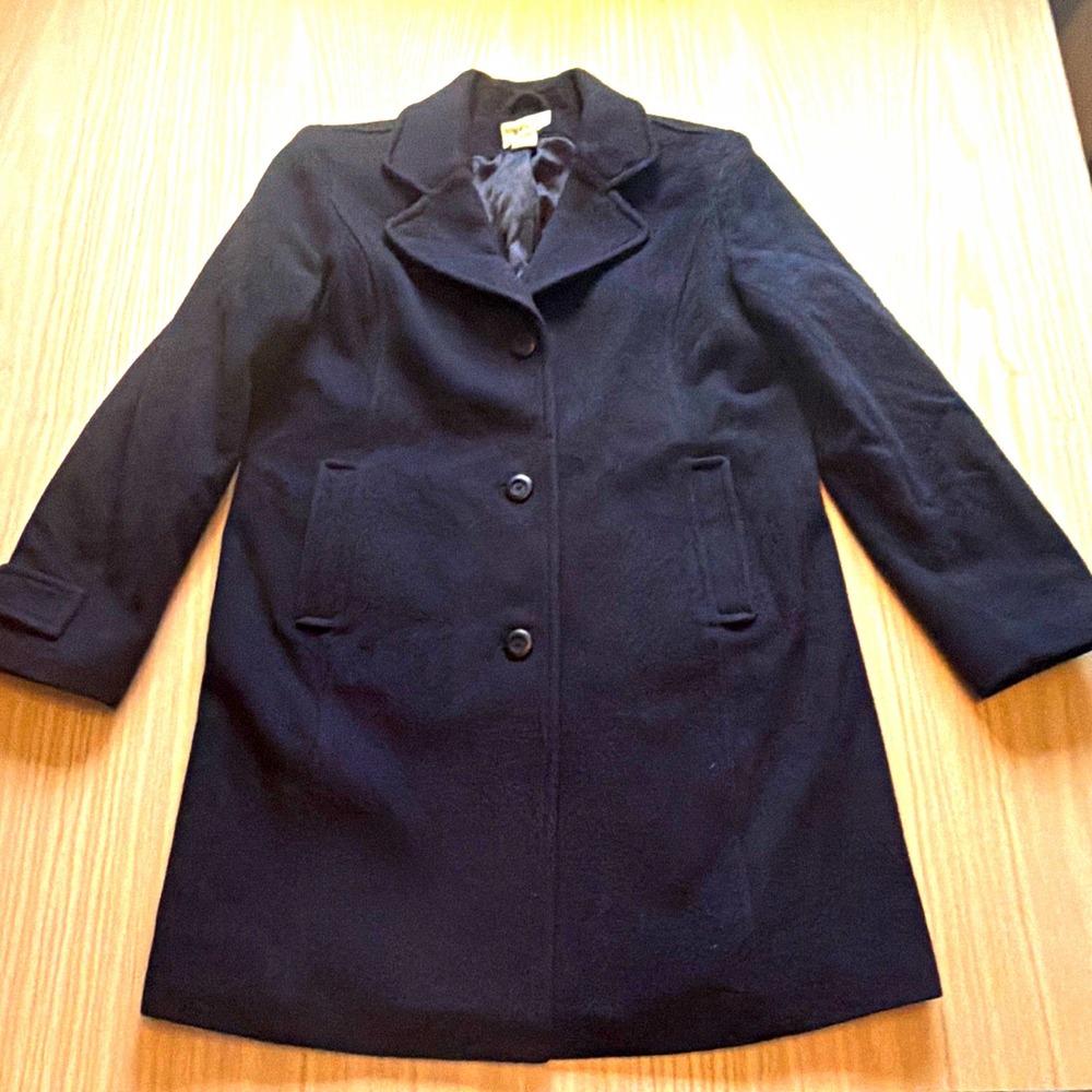 L.L.Bean Women’s Black Lambswool Button Front Lined Pocket Overcoat 14 Reg
